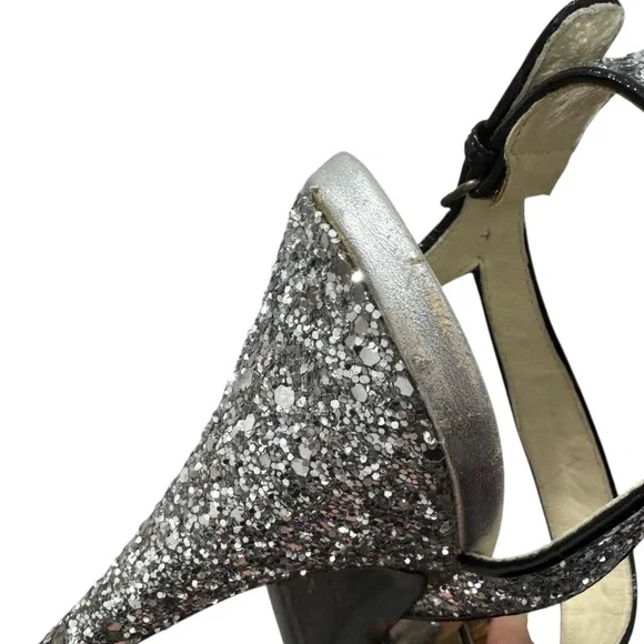 MIU MIU 2006 RUNWAY SILVER GLITTER STILETTO SANDALS w/CRYSTAL EMBELLISHMENTS